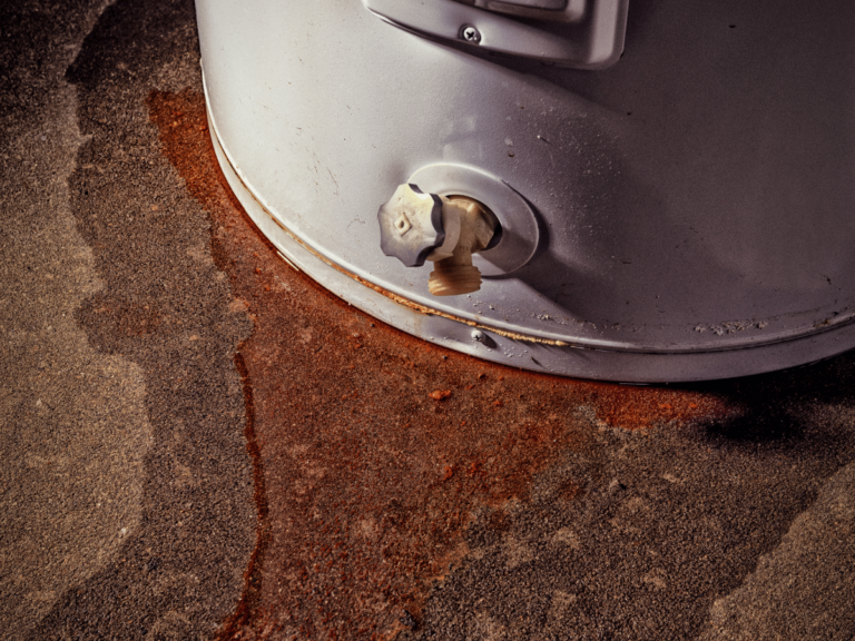 The bottom of a water heater leaking rust-colored water onto the concrete floor.