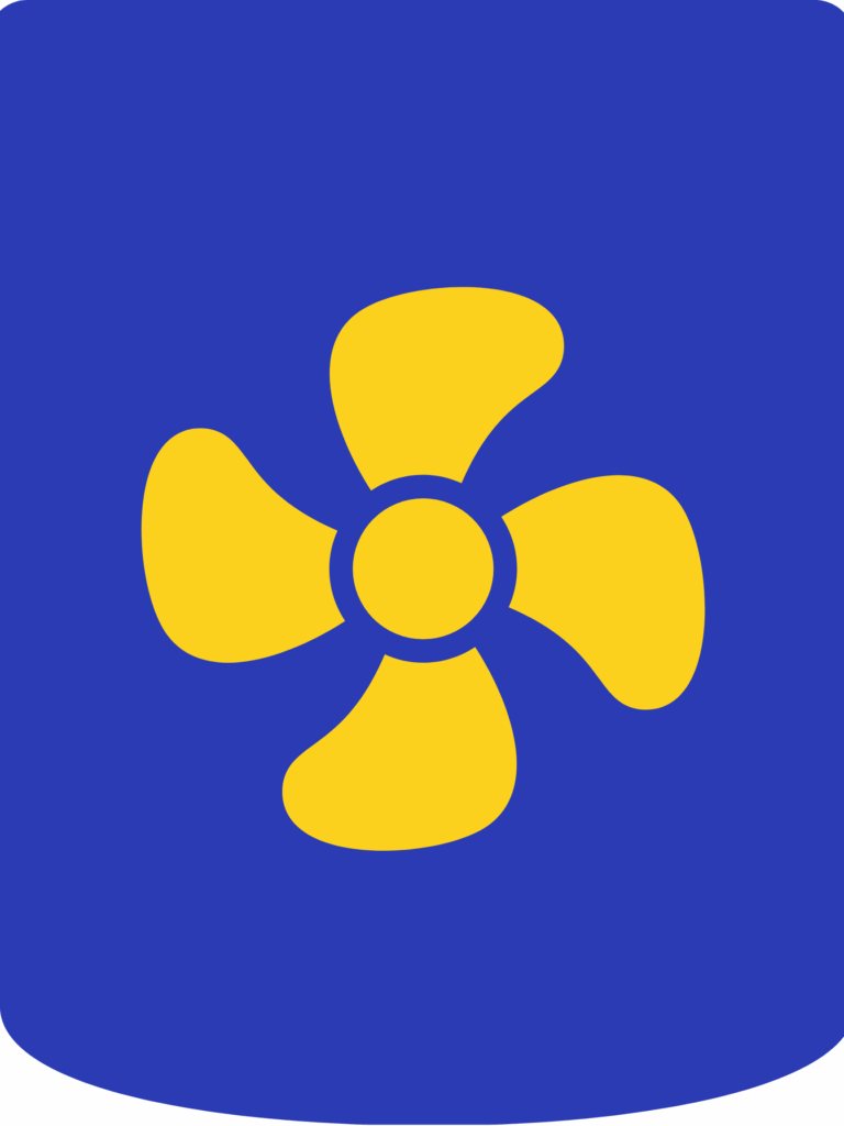 A yellow four-blade fan icon, representing Hendrix Air, is centered on a solid blue background.